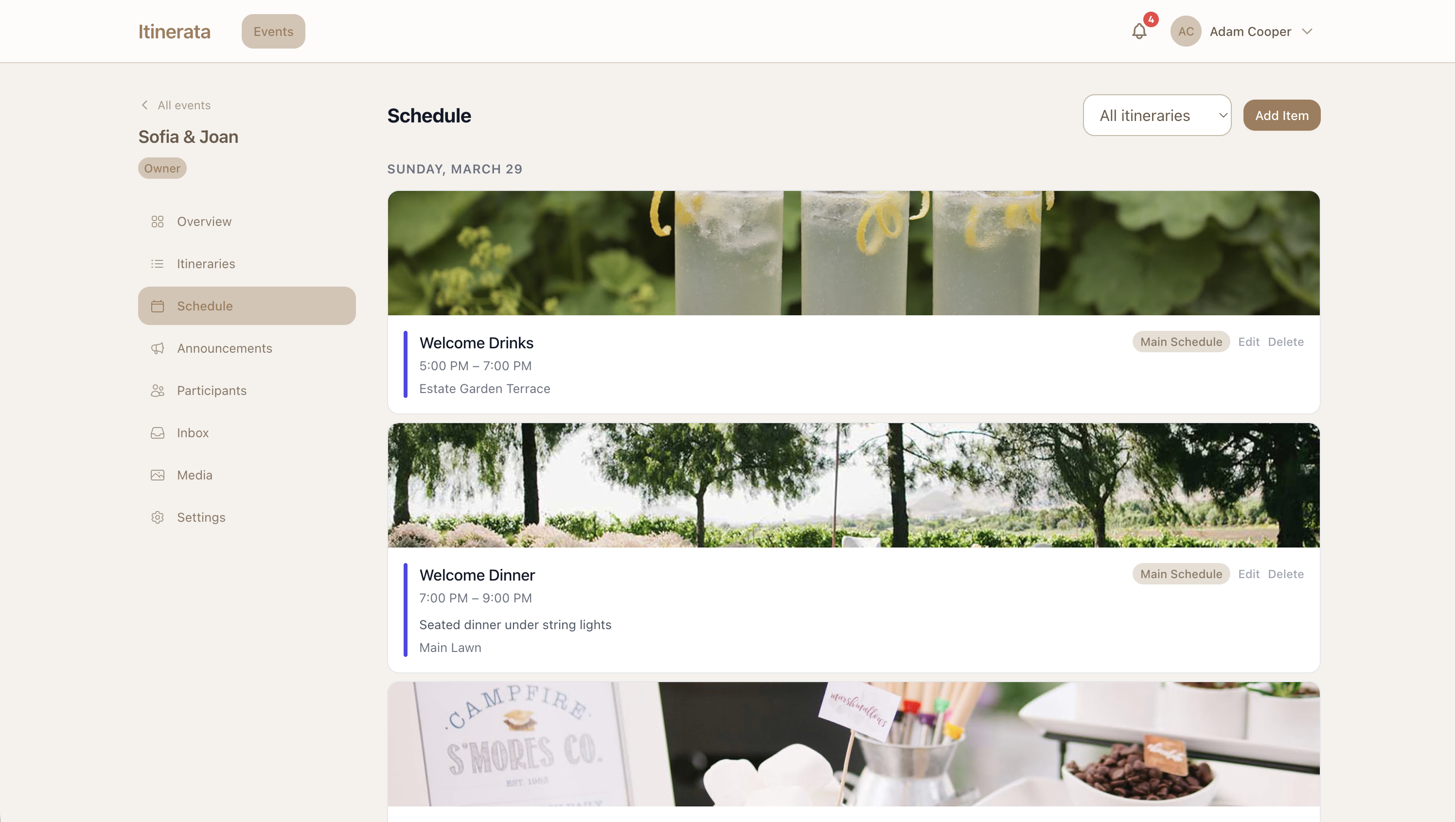 Itinerata event dashboard showing wedding weekend itinerary